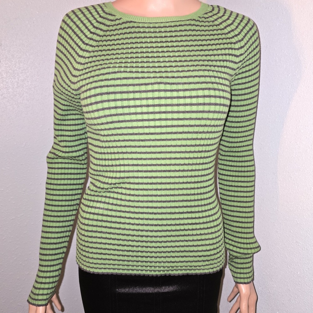 Y2K GAPStretch Ribbed Lime Green Striped Long Sleeve Top Medium M